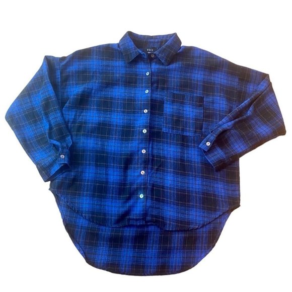 Vici Women’s Top Button-Down Plaid Flannel Shirt Blue Small - Picture 1 of 10
